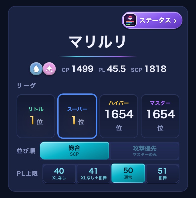 個体値チェッカーでマリルリ0/15/15を入れた画面。スーパーリーグ1位・CP1499・PL45.5・SCP1818